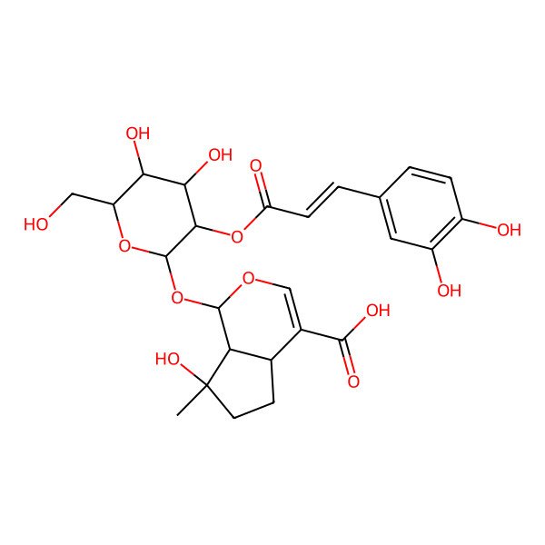 2D Structure of 1-[3-[3-(3,4-dihydroxyphenyl)prop-2-enoyloxy]-4,5-dihydroxy-6-(hydroxymethyl)oxan-2-yl]oxy-7-hydroxy-7-methyl-4a,5,6,7a-tetrahydro-1H-cyclopenta[c]pyran-4-carboxylic acid