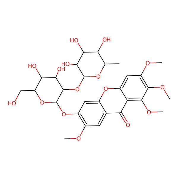 2D Structure of 6-[4,5-Dihydroxy-6-(hydroxymethyl)-3-(3,4,5-trihydroxy-6-methyloxan-2-yl)oxyoxan-2-yl]oxy-1,2,3,7-tetramethoxyxanthen-9-one