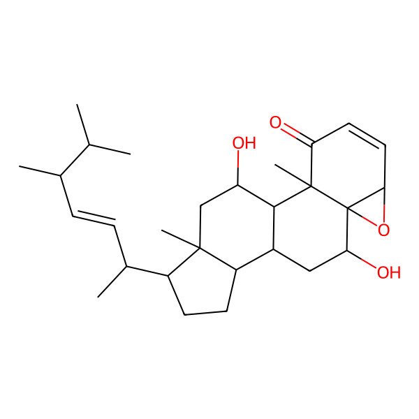2D Structure of (1S,2R,6S,8S,9R,11S,12S,15R,16R,18R)-15-[(E,2R,5R)-5,6-dimethylhept-3-en-2-yl]-9,18-dihydroxy-2,16-dimethyl-7-oxapentacyclo[9.7.0.02,8.06,8.012,16]octadec-4-en-3-one