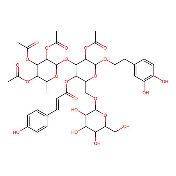 2D Structure of [(2R,3R,4S,5R,6R)-5-acetyloxy-6-[2-(3,4-dihydroxyphenyl)ethoxy]-4-[(2S,3R,4R,5S,6S)-3,4,5-triacetyloxy-6-methyloxan-2-yl]oxy-2-[[(2R,3R,4S,5S,6R)-3,4,5-trihydroxy-6-(hydroxymethyl)oxan-2-yl]oxymethyl]oxan-3-yl] (E)-3-(4-hydroxyphenyl)prop-2-enoate