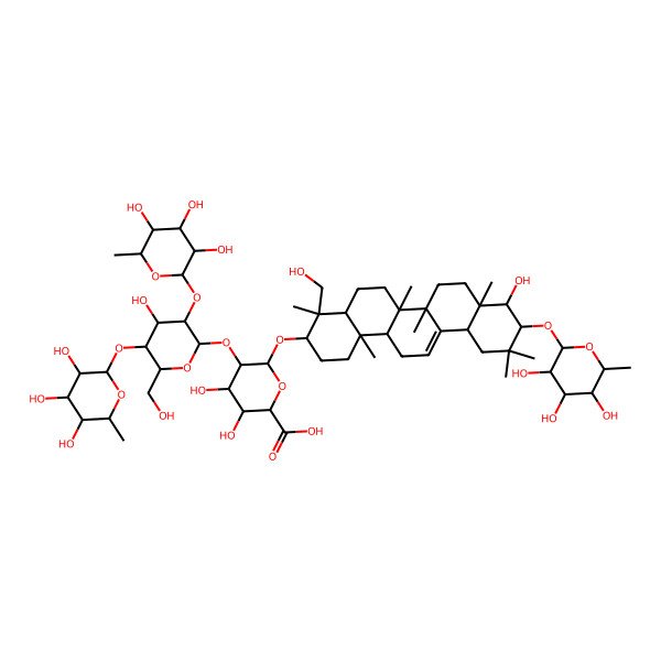 2D Structure of 3,4-Dihydroxy-6-[[9-hydroxy-4-(hydroxymethyl)-4,6a,6b,8a,11,11,14b-heptamethyl-10-(3,4,5-trihydroxy-6-methyloxan-2-yl)oxy-1,2,3,4a,5,6,7,8,9,10,12,12a,14,14a-tetradecahydropicen-3-yl]oxy]-5-[4-hydroxy-6-(hydroxymethyl)-3,5-bis[(3,4,5-trihydroxy-6-methyloxan-2-yl)oxy]oxan-2-yl]oxyoxane-2-carboxylic acid