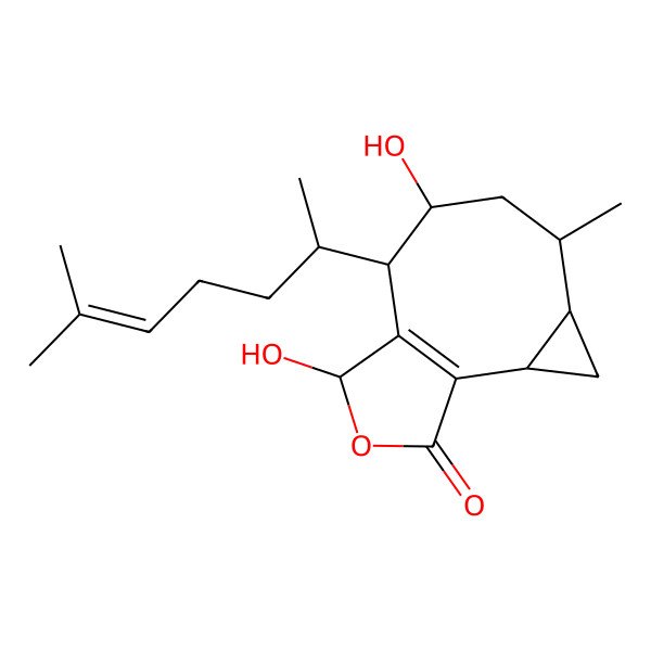 2D Structure of (2R,4R,5S,7S,8R,10R)-7,10-dihydroxy-5-methyl-8-[(2R)-6-methylhept-5-en-2-yl]-11-oxatricyclo[7.3.0.02,4]dodec-1(9)-en-12-one
