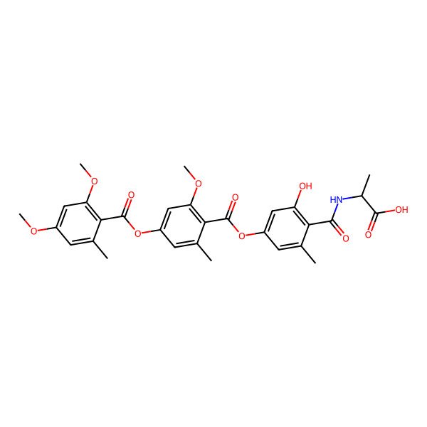 2D Structure of (2R)-2-[[4-[4-(2,4-dimethoxy-6-methylbenzoyl)oxy-2-methoxy-6-methylbenzoyl]oxy-2-hydroxy-6-methylbenzoyl]amino]propanoic acid
