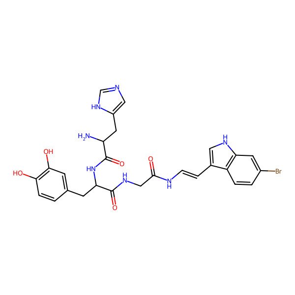 2D Structure of 2-[[2-amino-3-(1H-imidazol-4-yl)propanoyl]amino]-N-[2-[[(E)-2-(6-bromo-1H-indol-3-yl)vinyl]amino]-2-oxo-ethyl]-3-(3,4-dihydroxyphenyl)propanamide