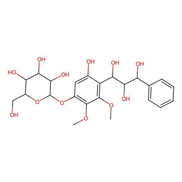 2D Structure of 2-[5-Hydroxy-2,3-dimethoxy-4-(1,2,3-trihydroxy-3-phenylpropyl)phenoxy]-6-(hydroxymethyl)oxane-3,4,5-triol