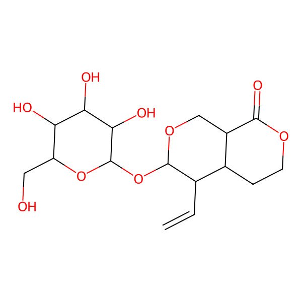 2D Structure of 4-ethenyl-3-[3,4,5-trihydroxy-6-(hydroxymethyl)oxan-2-yl]oxy-3,4,4a,5,6,8a-hexahydro-1H-pyrano[3,4-c]pyran-8-one