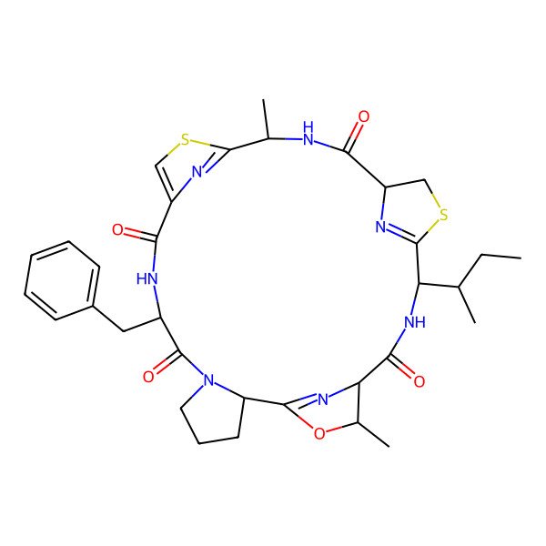 2D Structure of (2S,8S,15S,18R,22R,25S,26R)-8-benzyl-22-[(2S)-butan-2-yl]-15,26-dimethyl-27-oxa-13,20-dithia-6,9,16,23,28,29,30-heptazapentacyclo[23.2.1.111,14.118,21.02,6]triaconta-1(28),11,14(30),21(29)-tetraene-7,10,17,24-tetrone