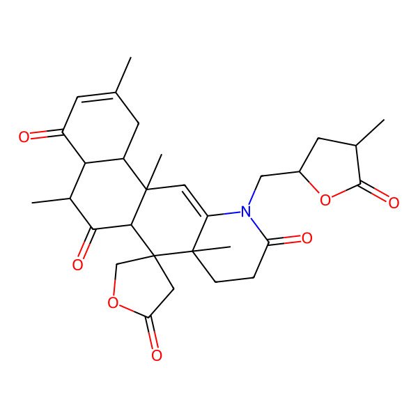 2D Structure of (4aR,5R,6aS,7R,7aS,12aR,12bR)-2,5,7a,12a-tetramethyl-11-[[(2S,4S)-4-methyl-5-oxooxolan-2-yl]methyl]spiro[4a,5,6a,8,9,12b-hexahydro-1H-naphtho[2,1-g]quinoline-7,4'-oxolane]-2',4,6,10-tetrone