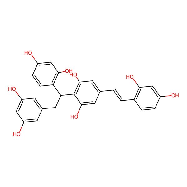 2D Structure of 2-[1-(2,4-Dihydroxyphenyl)-2-(3,5-dihydroxyphenyl)ethyl]-5-[2-(2,4-dihydroxyphenyl)ethenyl]benzene-1,3-diol