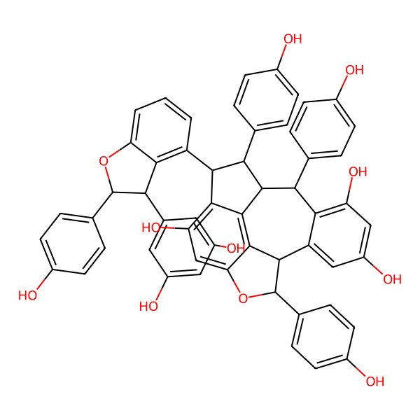 2D Structure of (2S,3S,9S,17R)-3-[(2S,3S)-3-(3,5-dihydroxyphenyl)-2-(4-hydroxyphenyl)-2,3-dihydro-1-benzofuran-4-yl]-2,9,17-tris(4-hydroxyphenyl)-8-oxapentacyclo[8.7.2.04,18.07,19.011,16]nonadeca-4(18),5,7(19),11(16),12,14-hexaene-5,13,15-triol