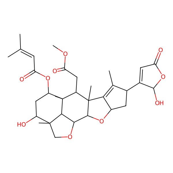 2D Structure of [(1R,2S,4R,6R,9S,10S,11S,12S,14R,15R,18R)-14-hydroxy-6-[(2S)-2-hydroxy-5-oxo-2H-furan-3-yl]-10-(2-methoxy-2-oxoethyl)-7,9,11,15-tetramethyl-3,17-dioxapentacyclo[9.6.1.02,9.04,8.015,18]octadec-7-en-12-yl] 3-methylbut-2-enoate