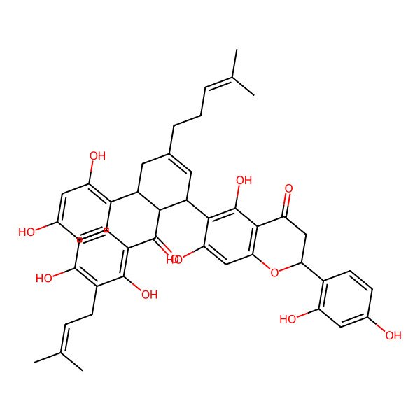 2D Structure of 6-[6-[2,4-Dihydroxy-3-(3-methylbut-2-enyl)benzoyl]-5-(2,4-dihydroxyphenyl)-3-(4-methylpent-3-enyl)cyclohex-2-en-1-yl]-2-(2,4-dihydroxyphenyl)-5,7-dihydroxy-2,3-dihydrochromen-4-one