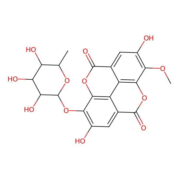 2D Structure of 6,13-dihydroxy-7-methoxy-14-[(2R,3S,4S,5S,6R)-3,4,5-trihydroxy-6-methyloxan-2-yl]oxy-2,9-dioxatetracyclo[6.6.2.04,16.011,15]hexadeca-1(15),4,6,8(16),11,13-hexaene-3,10-dione