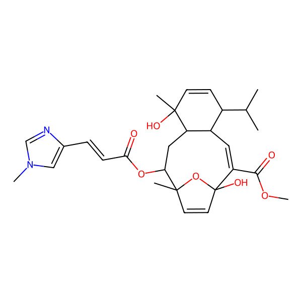 2D Structure of Methyl 1,8-dihydroxy-8,12-dimethyl-11-[3-(1-methylimidazol-4-yl)prop-2-enoyloxy]-5-propan-2-yl-15-oxatricyclo[10.2.1.04,9]pentadeca-2,6,13-triene-2-carboxylate