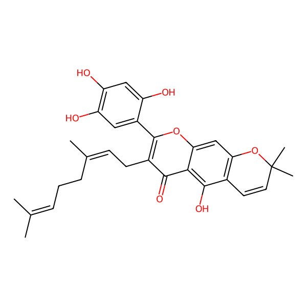 2D Structure of 7-(3,7-Dimethylocta-2,6-dienyl)-5-hydroxy-2,2-dimethyl-8-(2,4,5-trihydroxyphenyl)pyrano[3,2-g]chromen-6-one