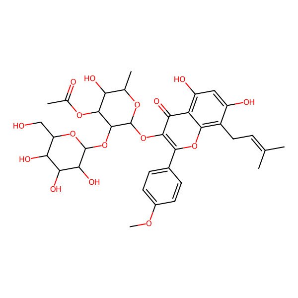 2D Structure of [(2R,3R,4R,5S,6S)-2-[5,7-dihydroxy-2-(4-methoxyphenyl)-8-(3-methylbut-2-enyl)-4-oxochromen-3-yl]oxy-5-hydroxy-6-methyl-3-[(2S,3R,4S,5S,6R)-3,4,5-trihydroxy-6-(hydroxymethyl)oxan-2-yl]oxyoxan-4-yl] acetate
