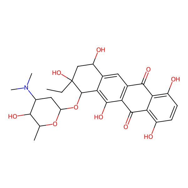 2D Structure of 10-[4-(dimethylamino)-5-hydroxy-6-methyloxan-2-yl]oxy-9-ethyl-1,4,7,9,11-pentahydroxy-8,10-dihydro-7H-tetracene-5,12-dione