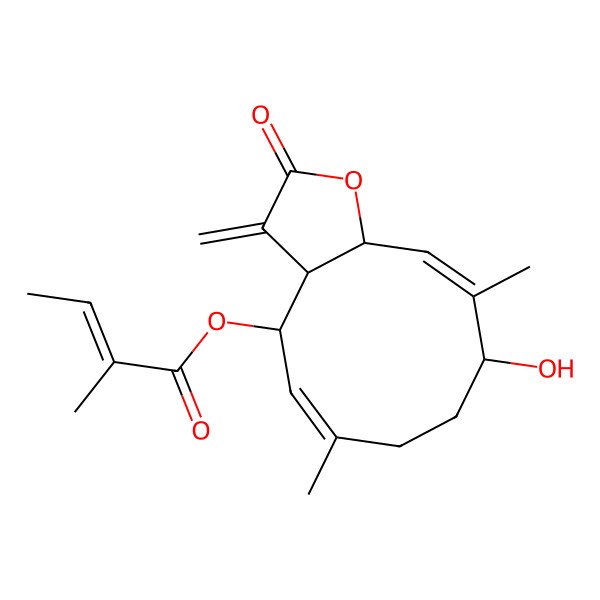 2D Structure of [(3aS,4R,5E,9S,10Z,11aS)-9-hydroxy-6,10-dimethyl-3-methylidene-2-oxo-3a,4,7,8,9,11a-hexahydrocyclodeca[b]furan-4-yl] (Z)-2-methylbut-2-enoate