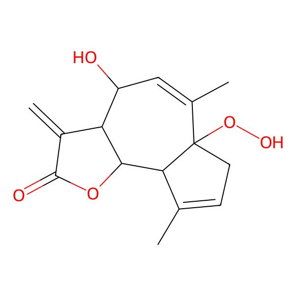 2D Structure of 6a-hydroperoxy-4-hydroxy-6,9-dimethyl-3-methylidene-4,7,9a,9b-tetrahydro-3aH-azuleno[4,5-b]furan-2-one
