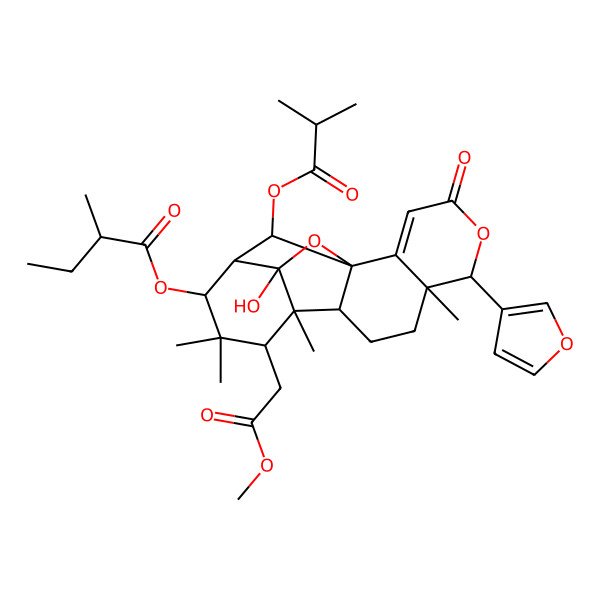 2D Structure of [(1R,6R,7R,10R,11S,12S,14R,15R,16S,18R)-6-(furan-3-yl)-16-hydroxy-12-(2-methoxy-2-oxoethyl)-7,11,13,13-tetramethyl-18-(2-methylpropanoyloxy)-4-oxo-5,17-dioxapentacyclo[13.2.1.01,10.02,7.011,16]octadec-2-en-14-yl] (2S)-2-methylbutanoate