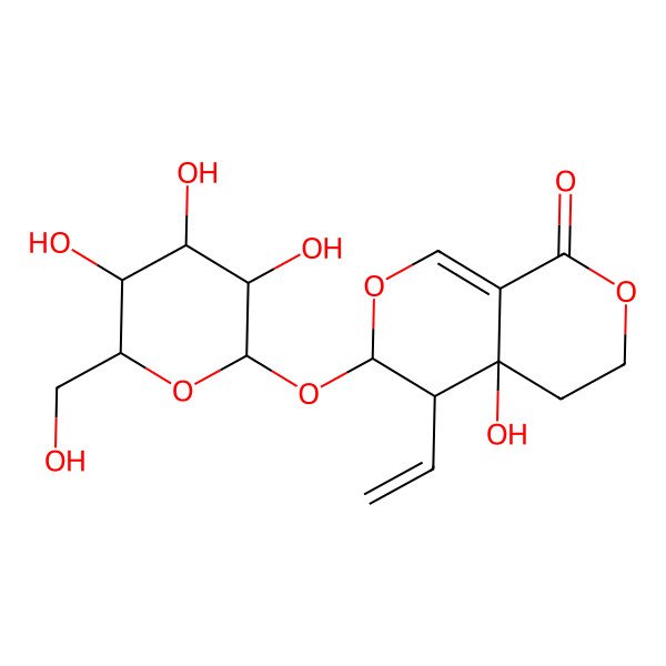 2D Structure of (3R,4S,4aR)-4-ethenyl-4a-hydroxy-3-[(2S,3R,4S,5S,6R)-3,4,5-trihydroxy-6-(hydroxymethyl)oxan-2-yl]oxy-3,4,5,6-tetrahydropyrano[3,4-c]pyran-8-one