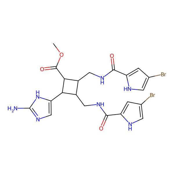 2D Structure of methyl 2-(2-amino-1H-imidazol-5-yl)-3,4-bis[[(4-bromo-1H-pyrrole-2-carbonyl)amino]methyl]cyclobutane-1-carboxylate