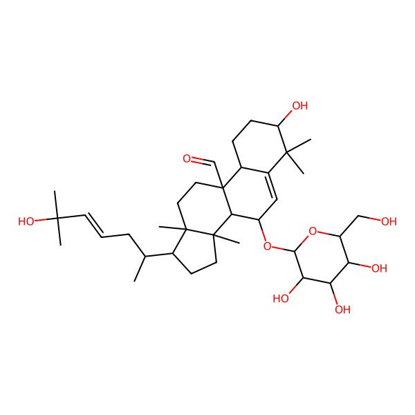 2D Structure of (3R,7R,8R,9S,13S,14R,17S)-3-hydroxy-17-[(E,2S)-6-hydroxy-6-methylhept-4-en-2-yl]-4,4,13,14-tetramethyl-7-[(2S,3S,4R,5R,6S)-3,4,5-trihydroxy-6-(hydroxymethyl)oxan-2-yl]oxy-2,3,7,8,10,11,12,15,16,17-decahydro-1H-cyclopenta[a]phenanthrene-9-carbaldehyde