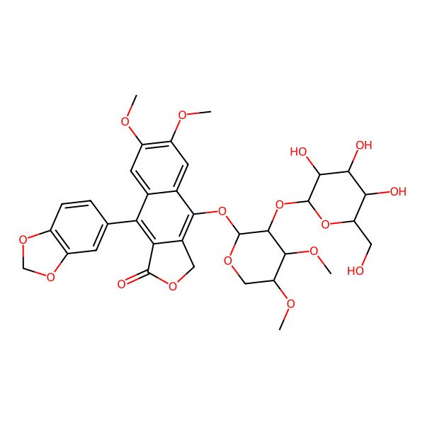 2D Structure of 9-(1,3-benzodioxol-5-yl)-4-[4,5-dimethoxy-3-[3,4,5-trihydroxy-6-(hydroxymethyl)oxan-2-yl]oxyoxan-2-yl]oxy-6,7-dimethoxy-3H-benzo[f][2]benzofuran-1-one