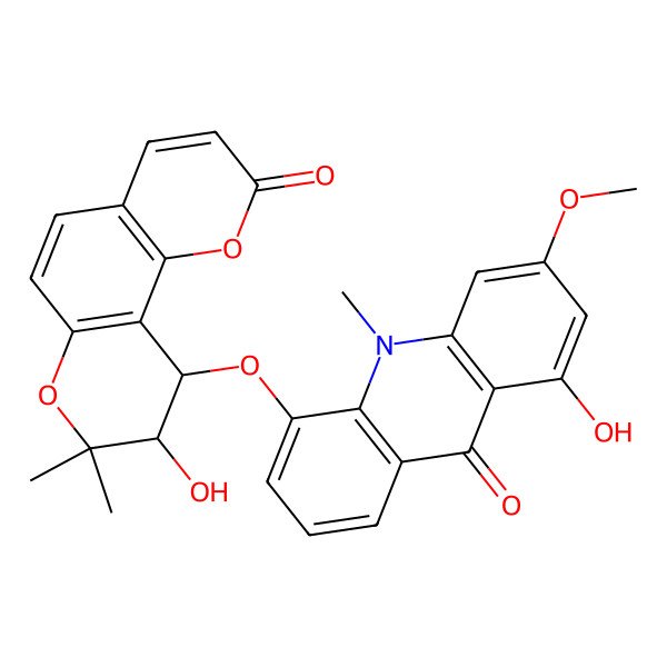 2D Structure of 9(10H)-Acridinone, 5-[(9,10-dihydro-9-hydroxy-8,8-dimethyl-2-oxo-2H,8H-benzo[1,2-b:3,4-b']dipyran-10-yl)oxy]-1-hydroxy-3-methoxy-10-methyl-, cis-(+)-