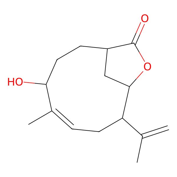 2D Structure of (5E,8R)-4-hydroxy-5-methyl-8-prop-1-en-2-yl-10-oxabicyclo[7.2.1]dodec-5-en-11-one