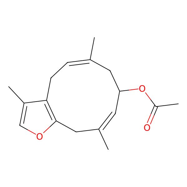 2D Structure of [(5E,8R,9E)-3,6,10-trimethyl-4,7,8,11-tetrahydrocyclodeca[b]furan-8-yl] acetate