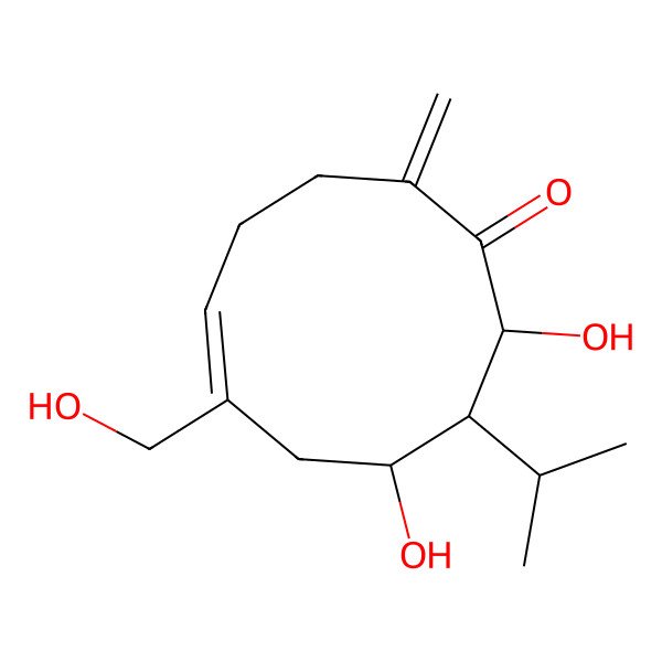 2D Structure of (5E,8R,9S,10S)-8,10-dihydroxy-6-(hydroxymethyl)-2-methylidene-9-propan-2-ylcyclodec-5-en-1-one