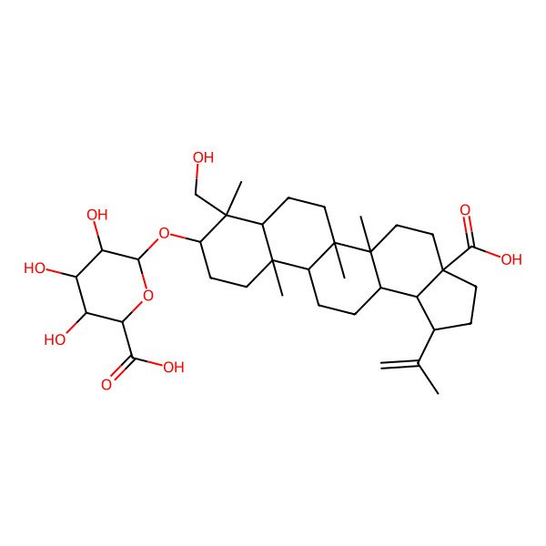2D Structure of (2S,3S,4S,5R,6R)-6-[[(1R,3aS,5aR,5bR,7aR,8R,9S,11aR,11bR,13aR,13bR)-3a-carboxy-8-(hydroxymethyl)-5a,5b,8,11a-tetramethyl-1-prop-1-en-2-yl-1,2,3,4,5,6,7,7a,9,10,11,11b,12,13,13a,13b-hexadecahydrocyclopenta[a]chrysen-9-yl]oxy]-3,4,5-trihydroxyoxane-2-carboxylic acid