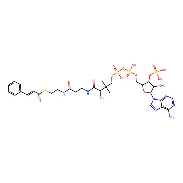 2D Structure of S-[2-[3-[[(2S)-4-[[[(2S,3S,4R,5R)-5-(6-aminopurin-9-yl)-4-hydroxy-3-phosphonooxyoxolan-2-yl]methoxy-hydroxyphosphoryl]oxy-hydroxyphosphoryl]oxy-2-hydroxy-3,3-dimethylbutanoyl]amino]propanoylamino]ethyl] (E)-3-phenylprop-2-enethioate