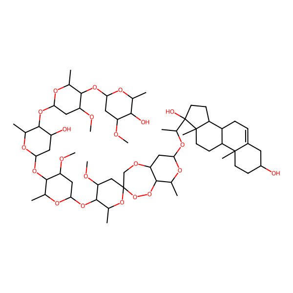 2D Structure of 17-[1-[5'-[5-[4-Hydroxy-5-[5-(5-hydroxy-4-methoxy-6-methyloxan-2-yl)oxy-4-methoxy-6-methyloxan-2-yl]oxy-6-methyloxan-2-yl]oxy-4-methoxy-6-methyloxan-2-yl]oxy-4'-methoxy-6',9-dimethylspiro[4,5a,6,7,9,9a-hexahydropyrano[3,4-c][1,2,5]trioxepine-3,2'-oxane]-7-yl]oxyethyl]-10,13-dimethyl-1,2,3,4,7,8,9,11,12,14,15,16-dodecahydrocyclopenta[a]phenanthrene-3,17-diol