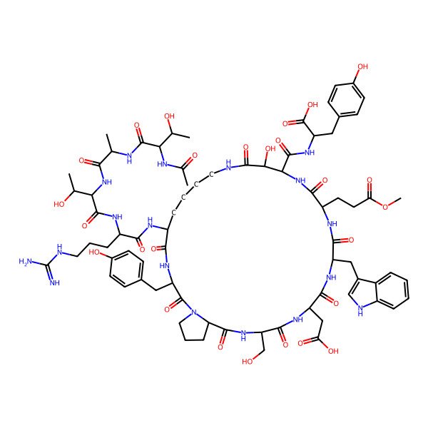 2D Structure of 2-[[6-[[2-[[2-[2-[(2-acetamido-3-hydroxybutanoyl)amino]propanoylamino]-3-hydroxybutanoyl]amino]-5-carbamimidamidopentanoyl]amino]-23-(carboxymethyl)-13-hydroxy-26-(hydroxymethyl)-3-[(4-hydroxyphenyl)methyl]-20-(1H-indol-3-ylmethyl)-17-(3-methoxy-3-oxopropyl)-2,5,12,16,19,22,25,28-octaoxo-1,4,11,15,18,21,24,27-octazabicyclo[27.3.0]dotriacontane-14-carbonyl]amino]-3-(4-hydroxyphenyl)propanoic acid