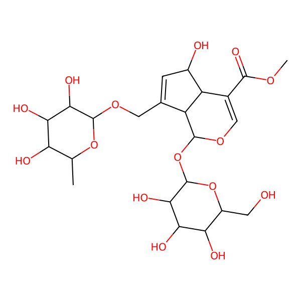 2D Structure of Methyl 5-hydroxy-1-[3,4,5-trihydroxy-6-(hydroxymethyl)oxan-2-yl]oxy-7-[(3,4,5-trihydroxy-6-methyloxan-2-yl)oxymethyl]-1,4a,5,7a-tetrahydrocyclopenta[c]pyran-4-carboxylate