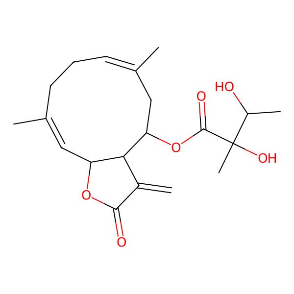 2D Structure of [(3aR,4R,6E,10E,11aS)-6,10-dimethyl-3-methylidene-2-oxo-3a,4,5,8,9,11a-hexahydrocyclodeca[b]furan-4-yl] (2S,3S)-2,3-dihydroxy-2-methylbutanoate