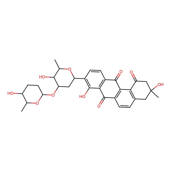 2D Structure of (3R)-3,8-dihydroxy-9-[(2R,4R,5R,6R)-5-hydroxy-4-[(2S,5S,6S)-5-hydroxy-6-methyl-tetrahydropyran-2-yl]oxy-6-methyl-tetrahydropyran-2-yl]-3-methyl-2,4-dihydrobenzo[a]anthracene-1,7,12-trione