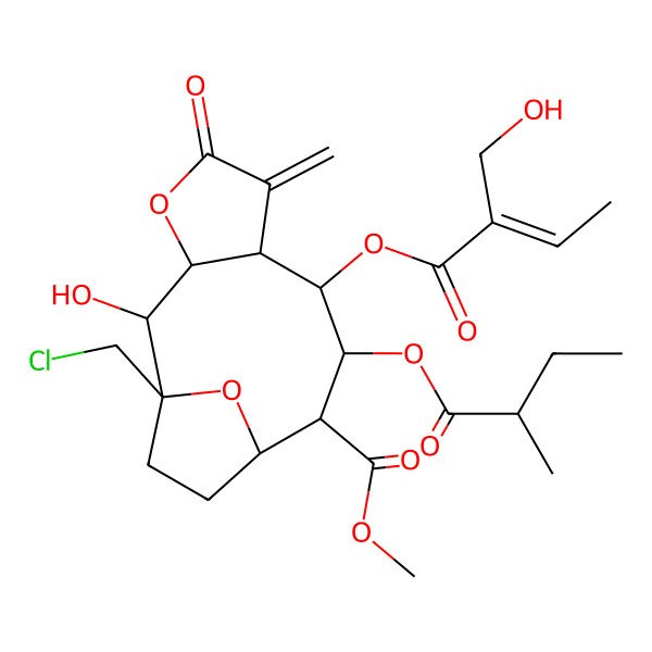 2D Structure of Methyl 1-(chloromethyl)-2-hydroxy-8-[2-(hydroxymethyl)but-2-enoyloxy]-9-(2-methylbutanoyloxy)-6-methylidene-5-oxo-4,14-dioxatricyclo[9.2.1.03,7]tetradecane-10-carboxylate