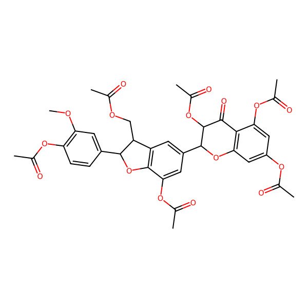 2D Structure of (7-(Acetyloxy)-2-[4-(acetyloxy)-3-methoxyphenyl]-5-[3,5,7-tris(acetyloxy)-4-oxo-3,4-dihydro-2H-chromen-2-yl]-2,3-dihydro-1-benzofuran-3-yl)methyl acetate