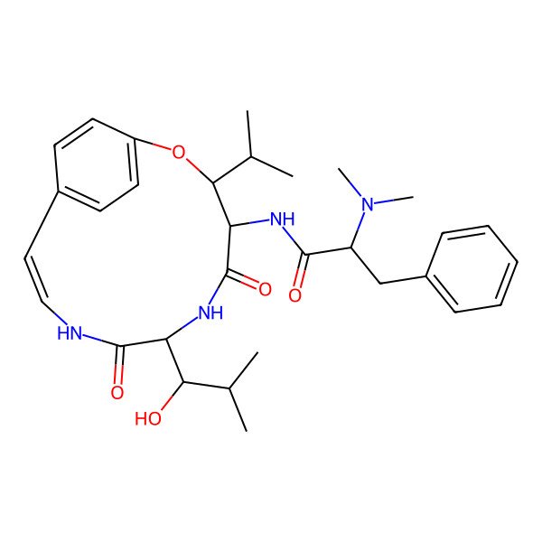 2D Structure of (2S)-2-(dimethylamino)-N-[(3S,4R,7S,10E)-7-[(1R)-1-hydroxy-2-methylpropyl]-5,8-dioxo-3-propan-2-yl-2-oxa-6,9-diazabicyclo[10.2.2]hexadeca-1(14),10,12,15-tetraen-4-yl]-3-phenylpropanamide