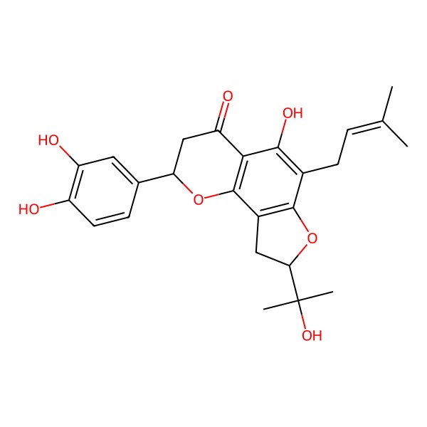2D Structure of (2R,8R)-2-(3,4-dihydroxyphenyl)-5-hydroxy-8-(2-hydroxypropan-2-yl)-6-(3-methylbut-2-enyl)-2,3,8,9-tetrahydrofuro[2,3-h]chromen-4-one