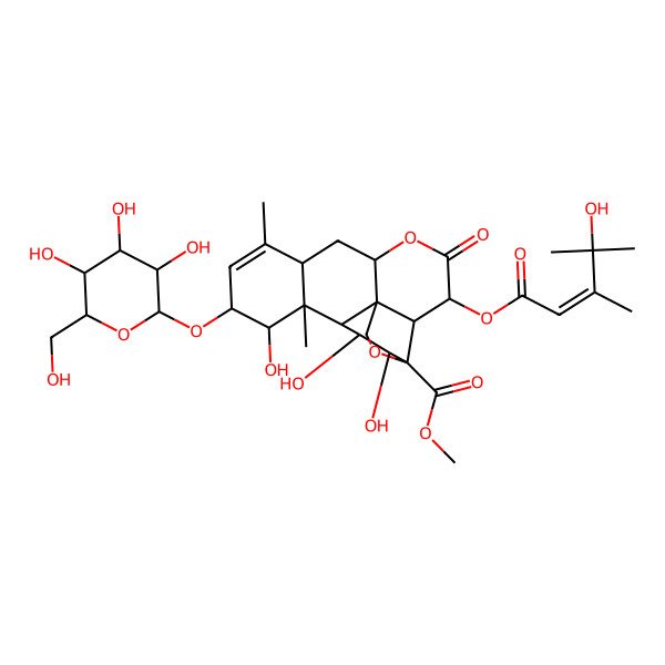 2D Structure of Methyl 12,15,16-trihydroxy-3-(4-hydroxy-3,4-dimethylpent-2-enoyl)oxy-9,13-dimethyl-4-oxo-11-[3,4,5-trihydroxy-6-(hydroxymethyl)oxan-2-yl]oxy-5,18-dioxapentacyclo[12.5.0.01,6.02,17.08,13]nonadec-9-ene-17-carboxylate