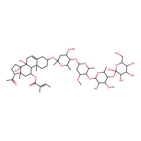 2D Structure of [(3S,8S,10R,11R,13R,14R,17R)-17-acetyl-8,14-dihydroxy-3-[5-[5-[3-hydroxy-4-methoxy-6-methyl-5-[(2R,3S,5S)-2,3,4,5-tetrahydroxy-6-(hydroxymethyl)oxan-2-yl]oxyoxan-2-yl]oxy-4-methoxy-6-methyloxan-2-yl]oxy-4-methoxy-2,6-dimethyloxan-2-yl]oxy-10,13-dimethyl-2,3,4,7,9,11,12,15,16,17-decahydro-1H-cyclopenta[a]phenanthren-11-yl] (Z)-2-methylbut-2-enoate