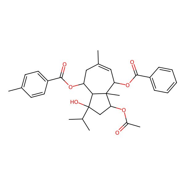 2D Structure of (1-Acetyloxy-8-benzoyloxy-3-hydroxy-6,8a-dimethyl-3-propan-2-yl-1,2,3a,4,5,8-hexahydroazulen-4-yl) 4-methylbenzoate 2D Structure of (1-Acetyloxy-8-benzoyloxy-3-hydroxy-6,8a-dimethyl-3-propan-2-yl-1,2,3a,4,5,8-hexahydroazulen-4-yl) 4-methylbenzoate