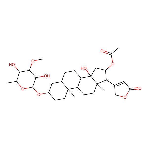 2D Structure of [(3S,5R,10S,13R,14S,16S)-3-[(2R,5S)-3,5-dihydroxy-4-methoxy-6-methyloxan-2-yl]oxy-14-hydroxy-10,13-dimethyl-17-(5-oxo-2H-furan-3-yl)-1,2,3,4,5,6,7,8,9,11,12,15,16,17-tetradecahydrocyclopenta[a]phenanthren-16-yl] acetate