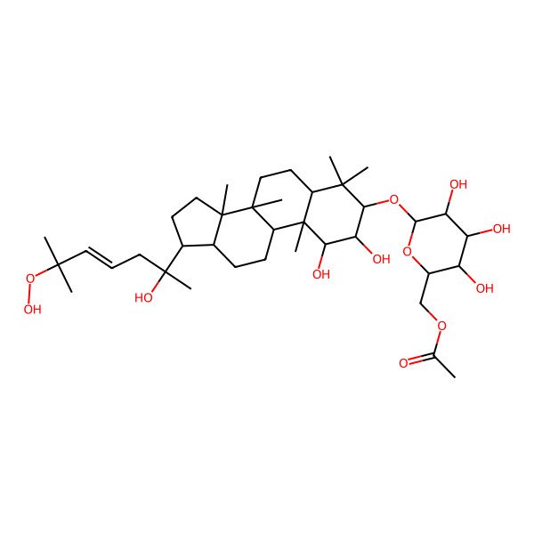 2D Structure of [(2R,3S,4S,5R,6R)-6-[[(1S,2R,3R,5S,8R,9S,10R,13R,14R,17S)-17-[(E,2R)-6-hydroperoxy-2-hydroxy-6-methylhept-4-en-2-yl]-1,2-dihydroxy-4,4,8,10,14-pentamethyl-2,3,5,6,7,9,11,12,13,15,16,17-dodecahydro-1H-cyclopenta[a]phenanthren-3-yl]oxy]-3,4,5-trihydroxyoxan-2-yl]methyl acetate