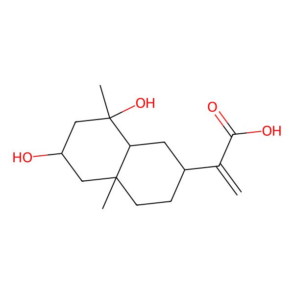 2D Structure of 2-[(2R,4aS,6S,8R,8aR)-6,8-dihydroxy-4a,8-dimethyl-1,2,3,4,5,6,7,8a-octahydronaphthalen-2-yl]prop-2-enoic acid