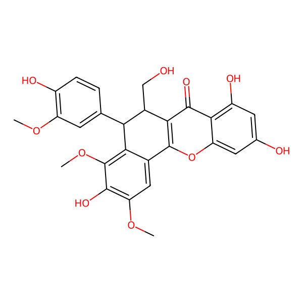 2D Structure of 3,8,10-Trihydroxy-5-(4-hydroxy-3-methoxyphenyl)-6-(hydroxymethyl)-2,4-dimethoxy-5,6-dihydrobenzo[c]xanthen-7-one